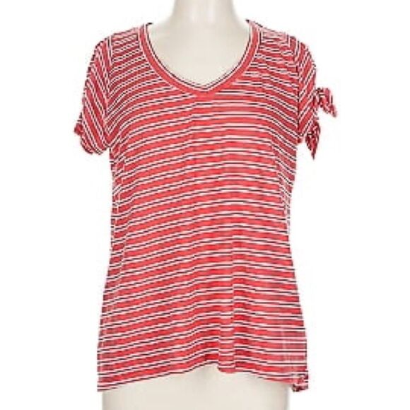 Anthropologie Left of Center Red and White Tie Front Short Sleeve T-Shirt - Picture 1 of 4